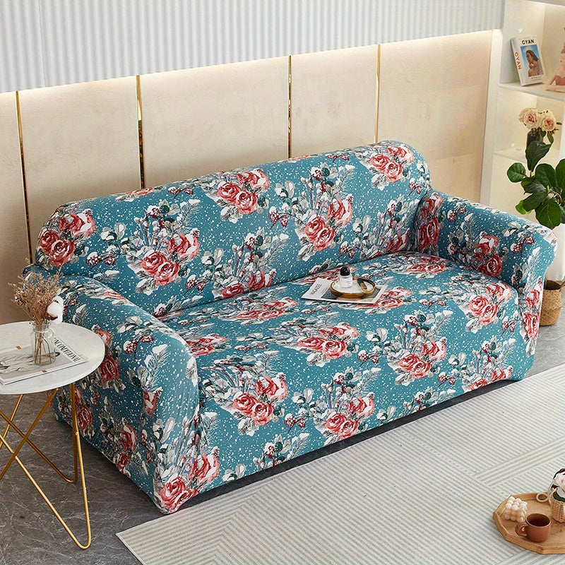 Modern printed sofa slipcover with elastic closure, made of 95% polyester and 5% spandex. Machine washable with active printing and stitched craftsmanship. Fits armchairs to sectional sofas, weighing 100-120gsm fabric.