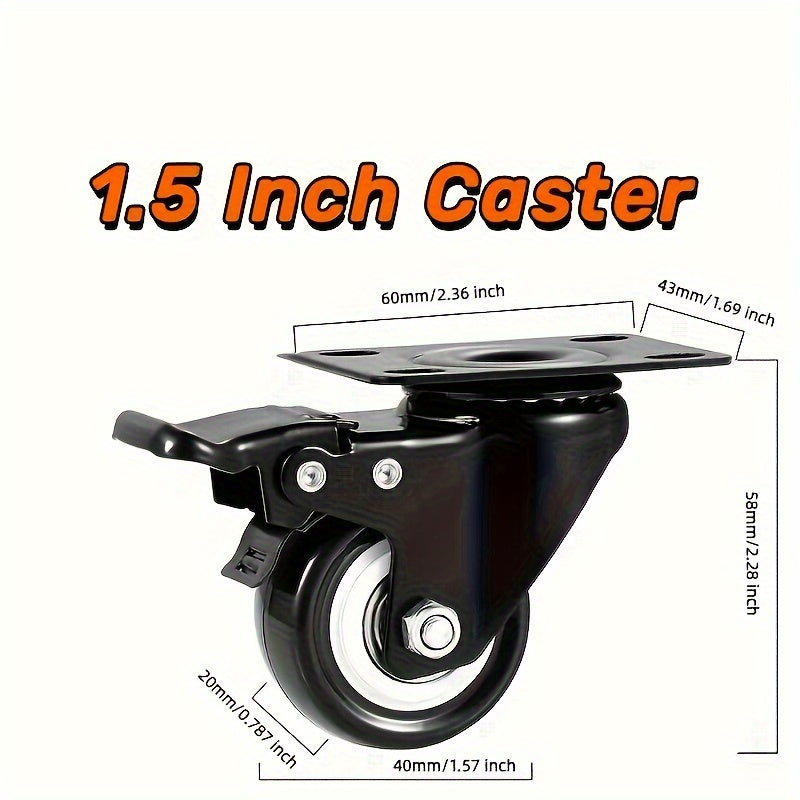 Set of 4 heavy duty 3.81 cm caster wheels for furniture, with optional brake. Ideal for table, chair, equipment, and storage bins.