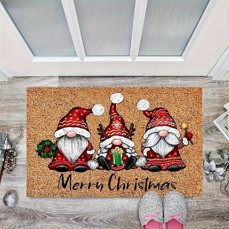 Welcome guests in style with this Christmas-themed door mat featuring a festive gnome design. Made with non-slip polyester fiber, this entry rug is perfect for both indoor and outdoor use. Easy to clean with a hand washable design. Perfect for adding