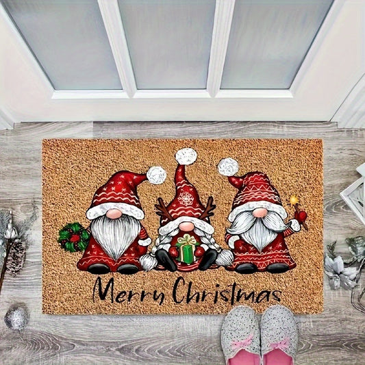 Welcome guests in style with this Christmas-themed door mat featuring a festive gnome design. Made with non-slip polyester fiber, this entry rug is perfect for both indoor and outdoor use. Easy to clean with a hand washable design. Perfect for adding