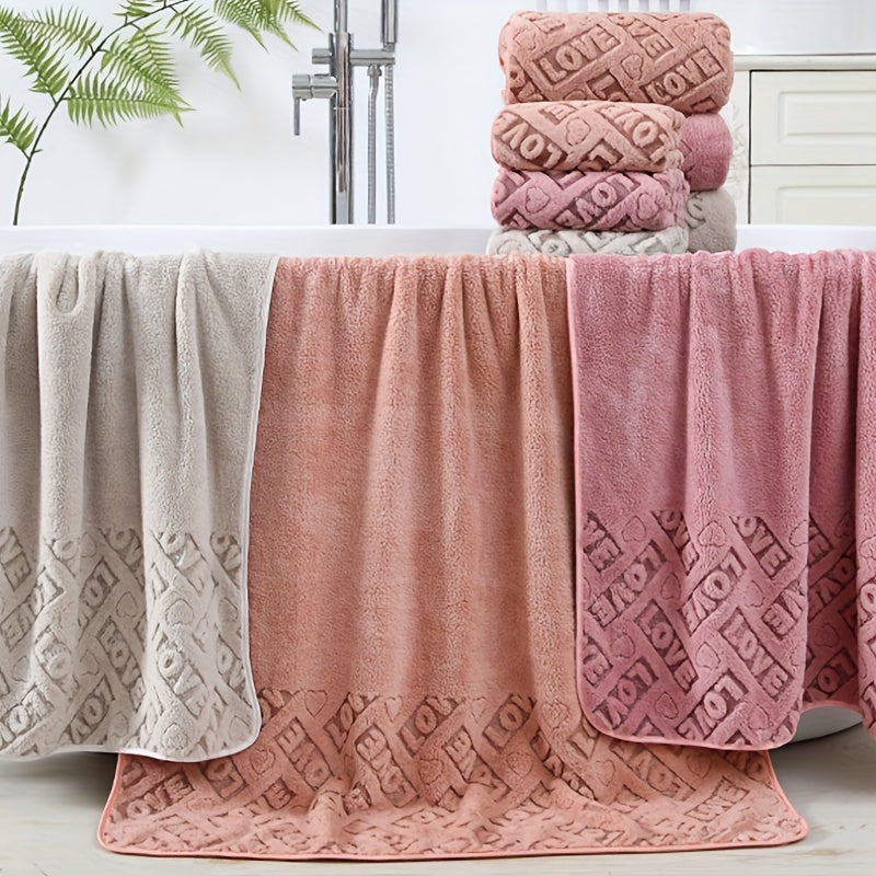 Love Textured Bath Linen Set includes a thick absorbent face towel and soft shower towel. Set comes with 1 bath towel and 1 hand towel, perfect for bathroom or home use.