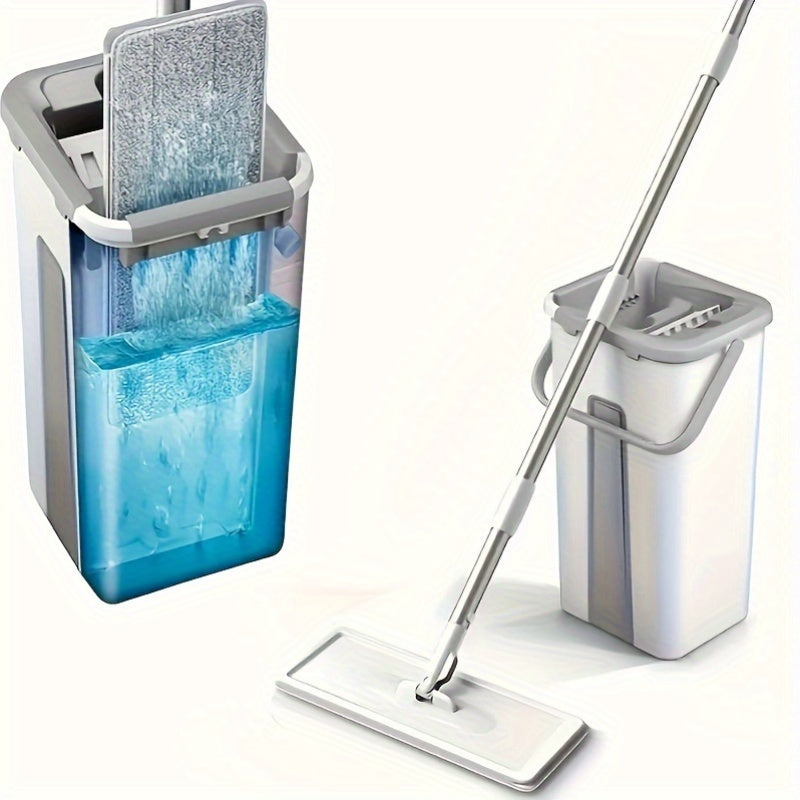 This mop and bucket set includes a wet and dry floor mop with 2 washable microfiber pads. It features hand-free washing, a flexible rotating flat mop, and a water wringing bucket for easy cleaning. Perfect for home use, school preparation, and cleaning