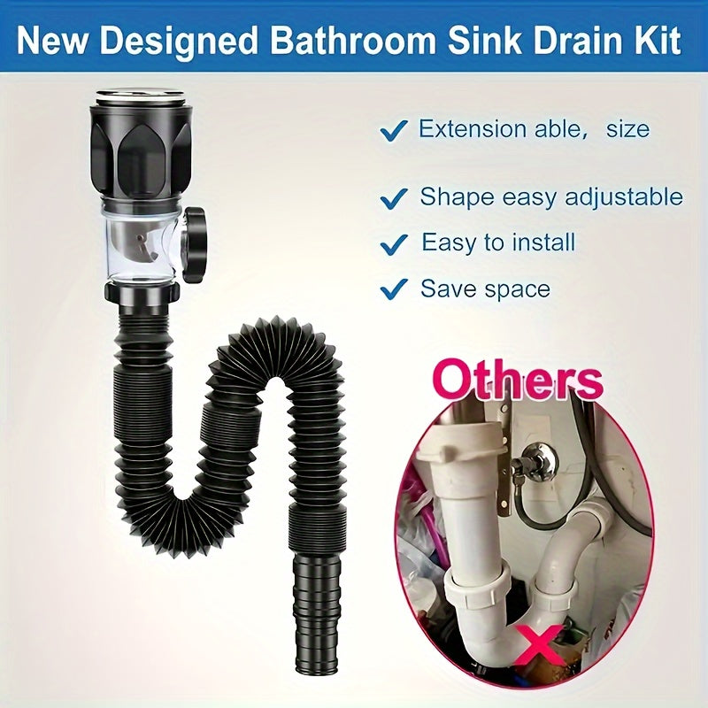 Convenient Odor-Free Sink Drain Pipe, Stainless Steel & ABS, Saves Space