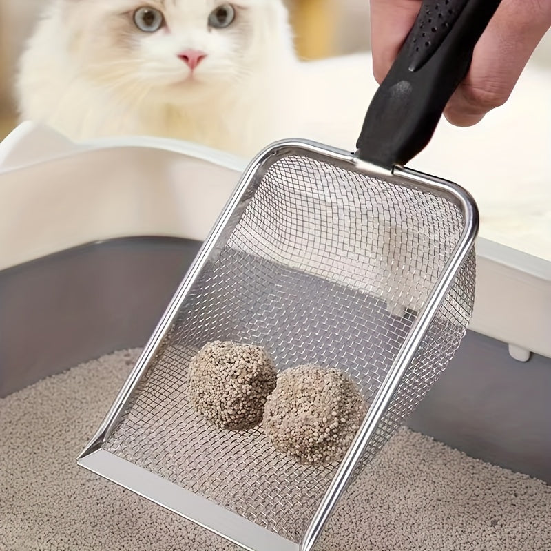 Durable stainless steel cat litter scoop with deep shovel for easy cleaning.