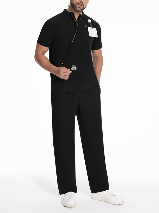 Men's short sleeve work uniform set includes a solid color polyester lab coat with stand collar, woven top with pockets, matching pants with waist cord.