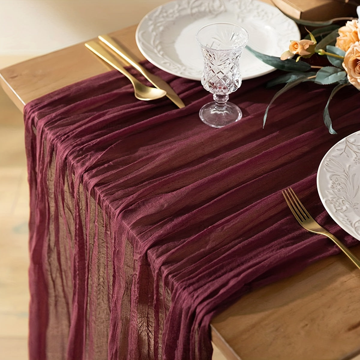 Polyester crinkle table runner for rustic wedding decor.