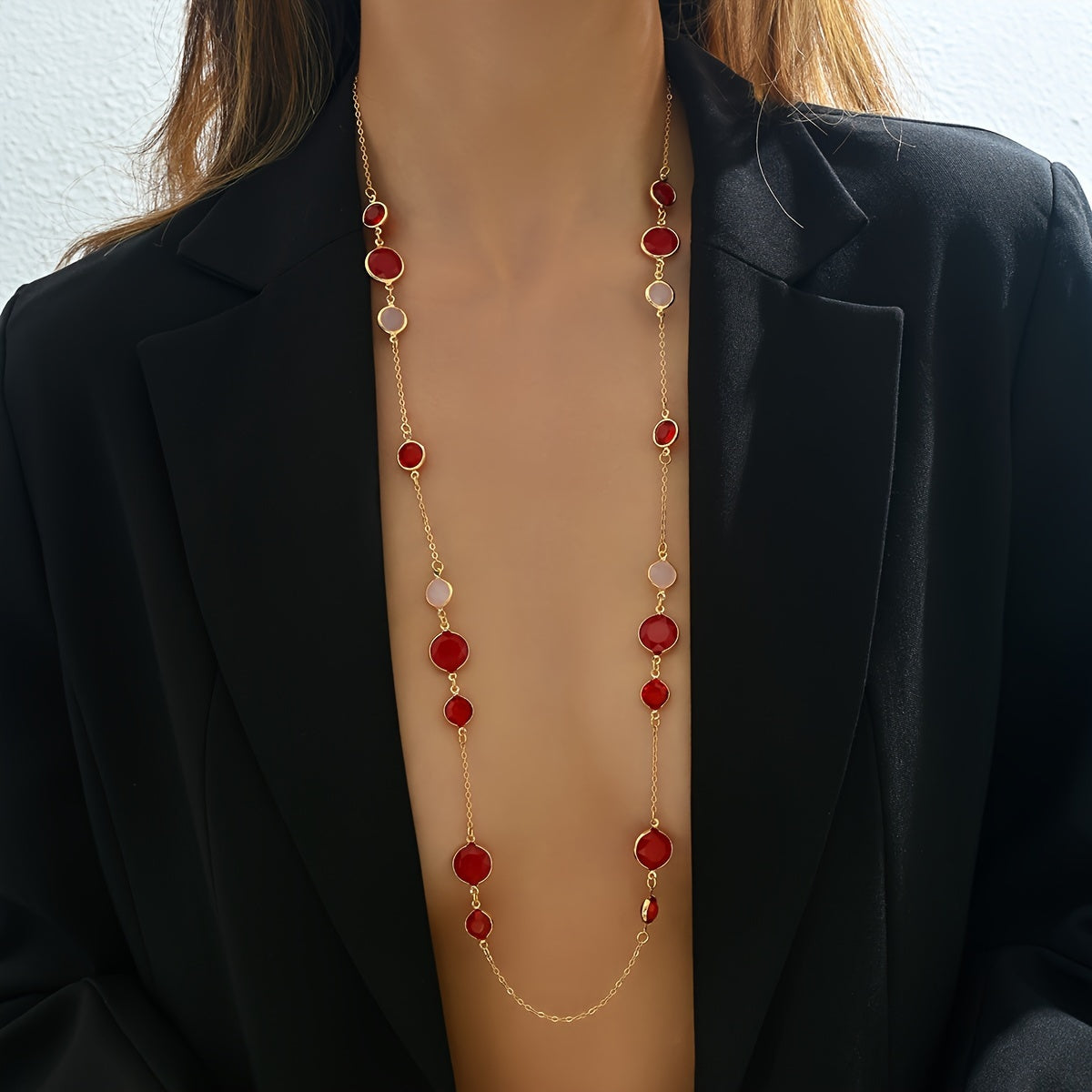 Stylish Long Layered Necklace designed for Women, Features a Minimalistic Iron Chain adorned with Plastic Gemstones, Perfect for both Everyday Wear and Special Occasions, Complete your Look with this fashionable Jewelry Ensemble.