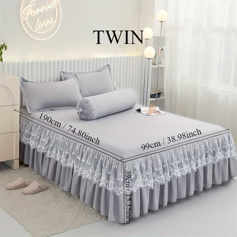 Chic 3-Piece Bed Skirt Set Featuring Double Layer Lace - Comes with 1 Bed Skirt and 2 Pillowcases, in a Solid Color. Non-Slip and Perfect for All Seasons, this Set is Machine Washable for easy care.