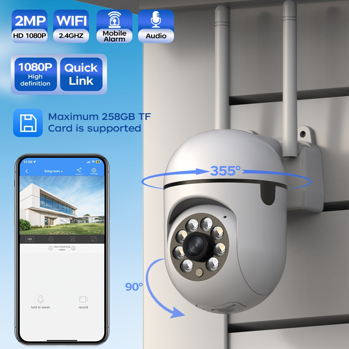 Indoor/Outdoor Surveillance Camera with 2MP HD Wi-Fi, Auto-Tracking Night Vision, Motion Detection, Two-Way Audio, and USB Power