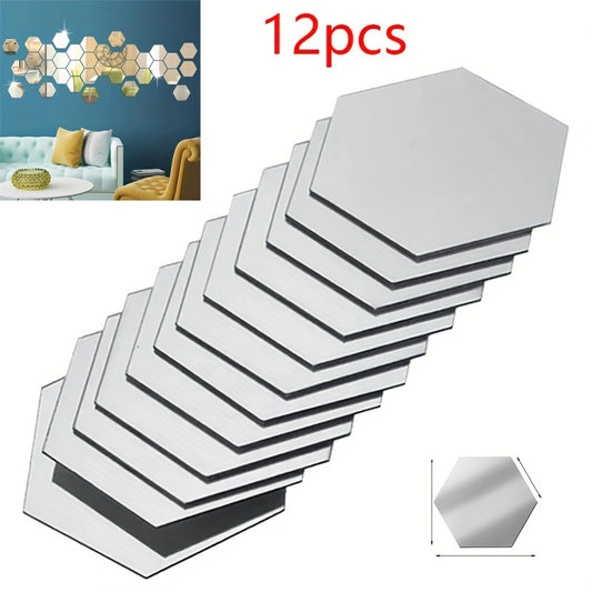 12 hexagonal DIY 3D mirror wall stickers for home decoration.