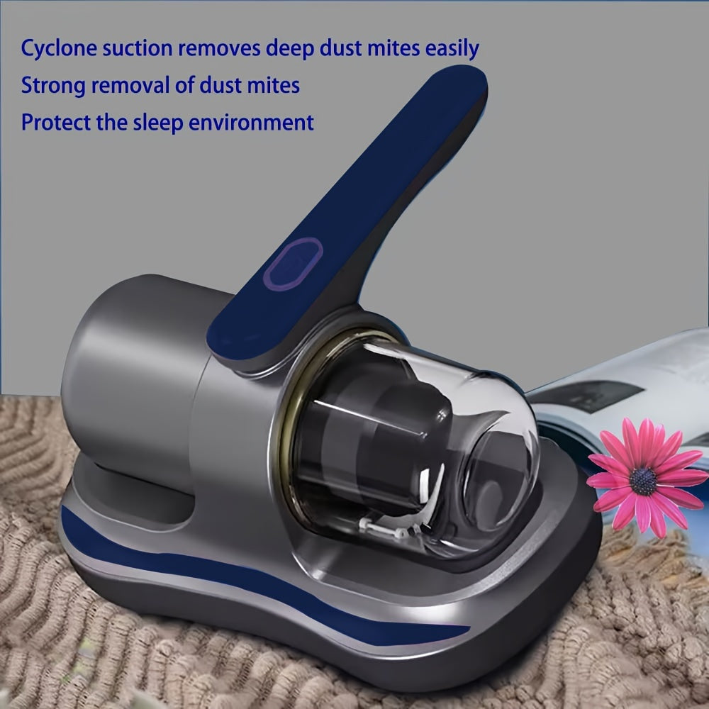 A portable vacuum cleaner with UV-C light that kills mites and bacteria. Features strong suction, rechargeable design, and cordless operation for easy carpet cleaning and dust removal. Includes double-click technology, visual box indicator, and a filter