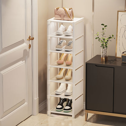 Tall narrow shoe rack designed for front door or closet entrance, made of durable metal with 7 shelves to store 4-7 pairs of shoes or boots. Stackable design saves space.