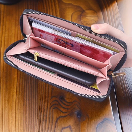 Women's long zipper wallet with phone holder, clutch, card & coin purse, stylish design.