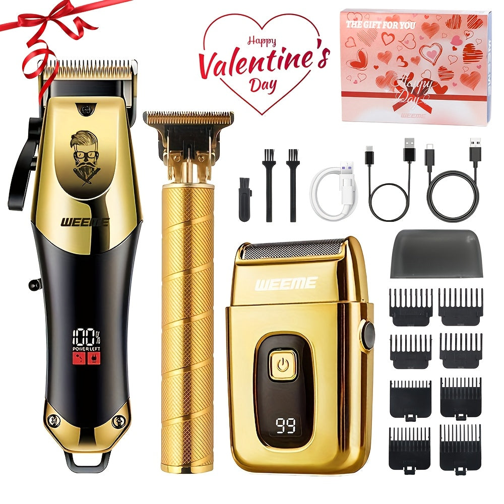 Golden hair cutting set for men includes professional clipper, razor, and trimmer. USB rechargeable with LCD display. Perfect gift for fathers, boyfriends, Father's Day, birthdays, and