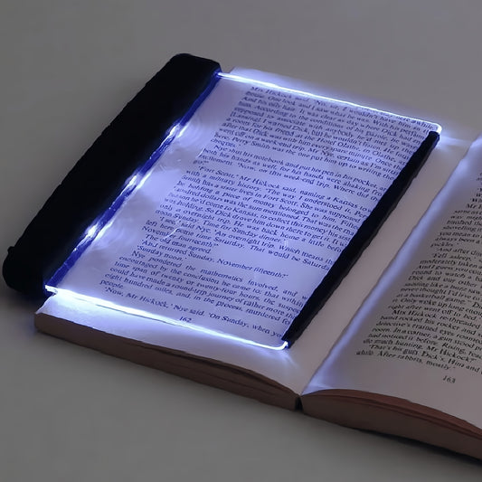 Portable LED Book Light with Eye-Care Technology - Battery-Powered, Flat Panel Bookmark Lamp for Travel & Night Readers, Great for Bed, Car, or Study.