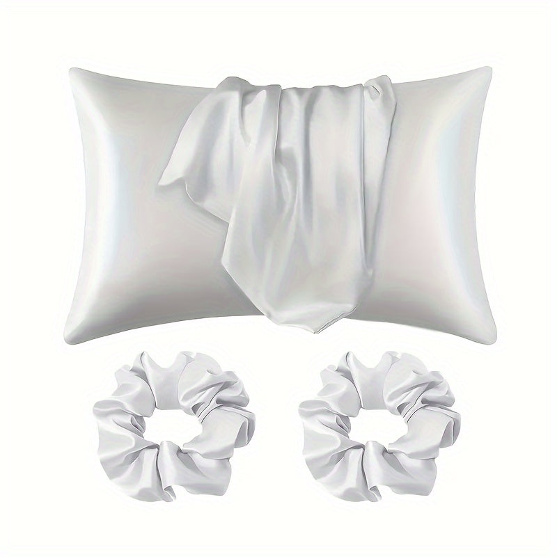 3-Piece Bed & Bathroom Set: 1 Pillowcase (pillow not included) + 2 Scrunchies - Made of Luxurious Satin with a Contemporary and Simplistic Design for Home, Hotel, or Bedroom - Comes with a Set of 2 Scrunchies