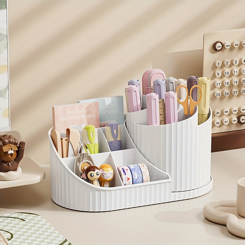 Durable rotating makeup organizer and desk caddy made of plastic, ideal for storing brushes, lipsticks, skincare products, and stationery. Space-saving, elegant white finish with odorless