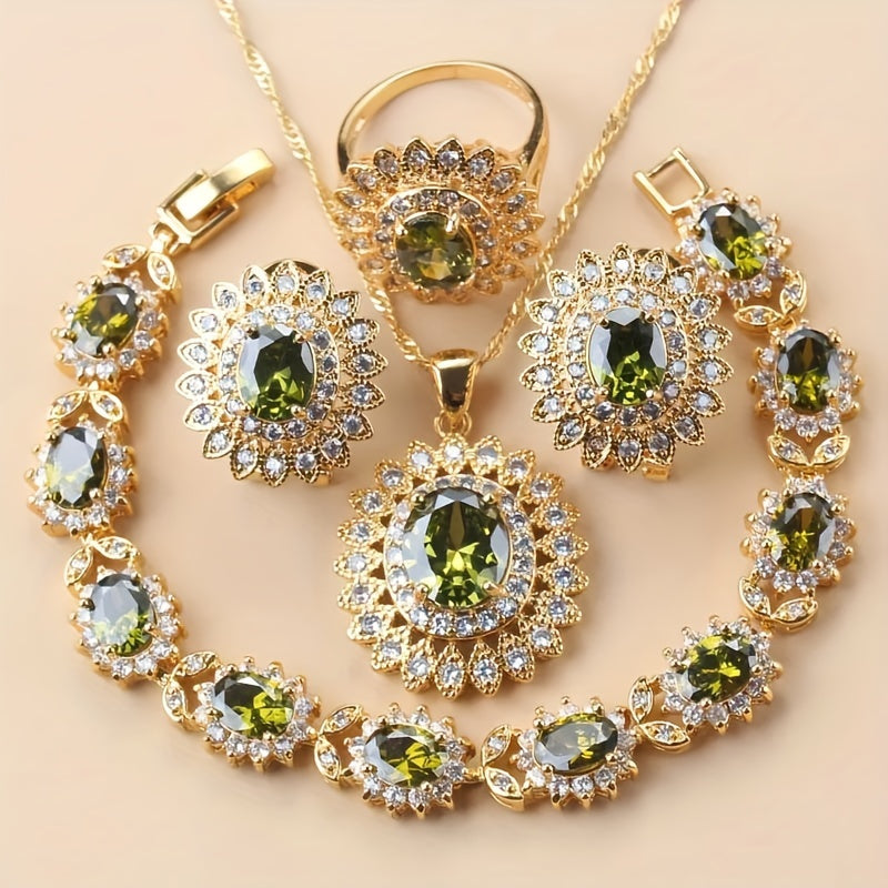 5-Piece Sunflower Jewelry Set with Cubic Zirconia for Women - Featuring Earrings, Ring, Necklace, and Bracelet - Ideal for Special Occasions like Weddings, Mother's Day, Valentine's Day, Parties, and Christmas, Perfect Gift for Brides