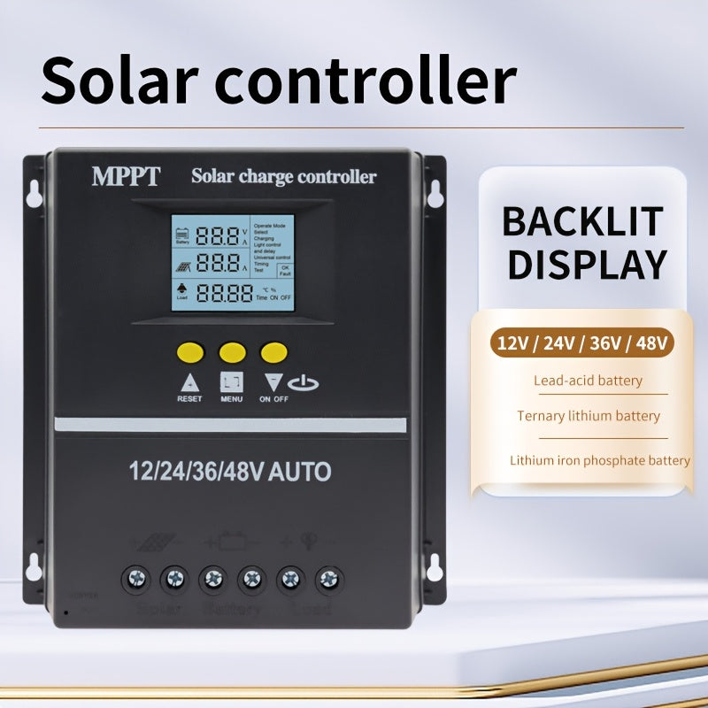 MPPT Solar Charge Controller supports multiple voltage options with LCD display, dual USB output for phone charging, compatible with lead-acid and lithium batteries, and features automatic