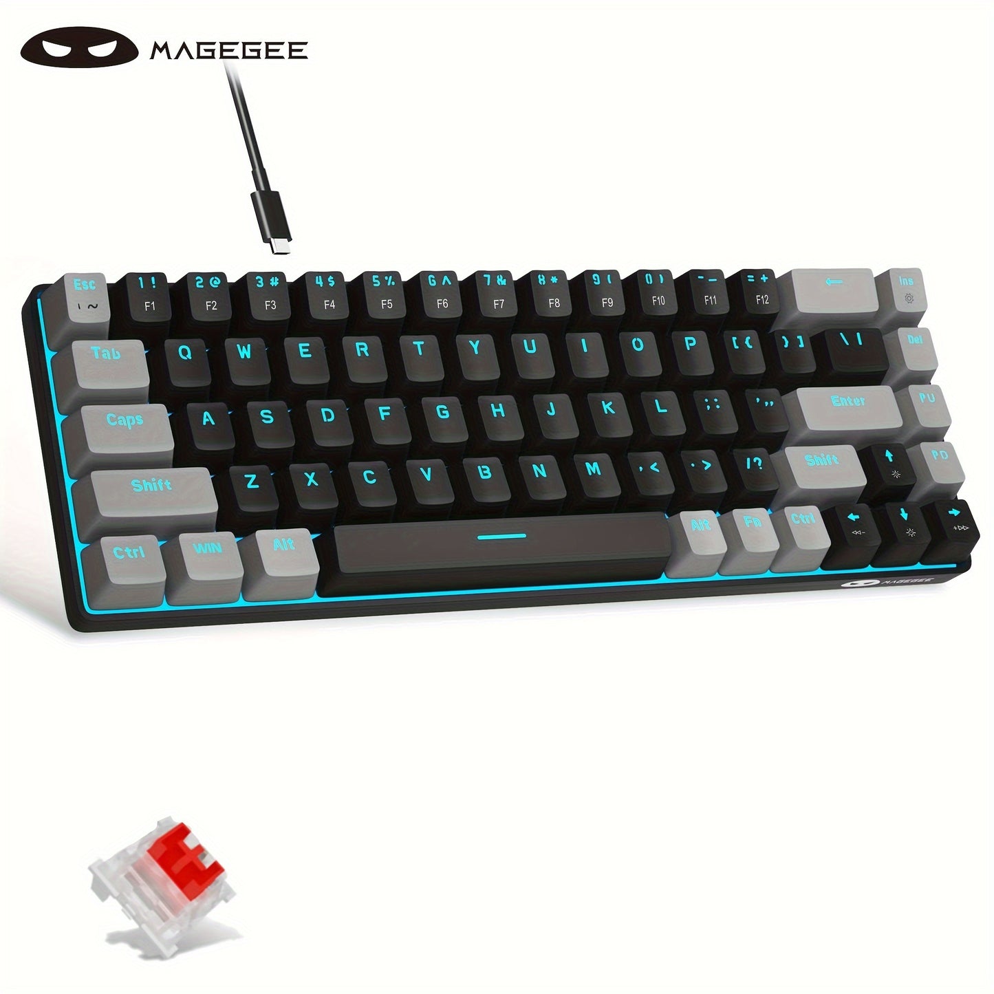 MAGEGEE Compact 60% Mechanical Gaming Keyboard with Blue Switches, LED Backlit, Ergonomic Design for Windows, Laptop, PC, Mac - Portable & Sleek Black Finish.