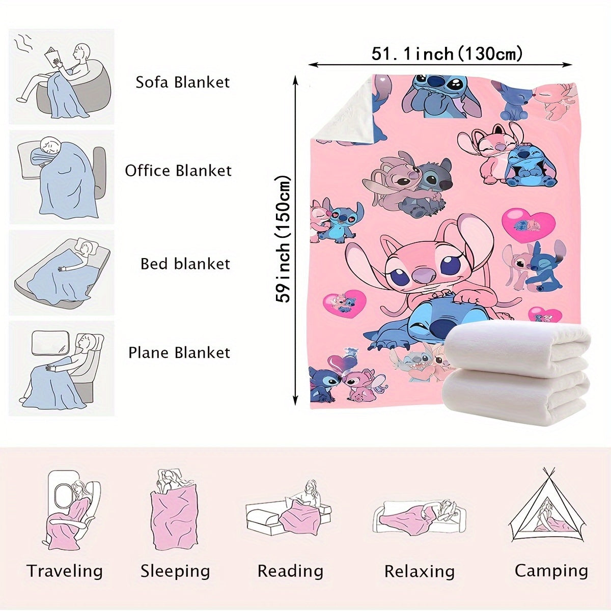 Pink Heart Stitch Cartoon Blanket - Multi-functional Knit Polyester Throw suitable for Every Season, Ideal for Bedroom, Couch, Car, and Journey