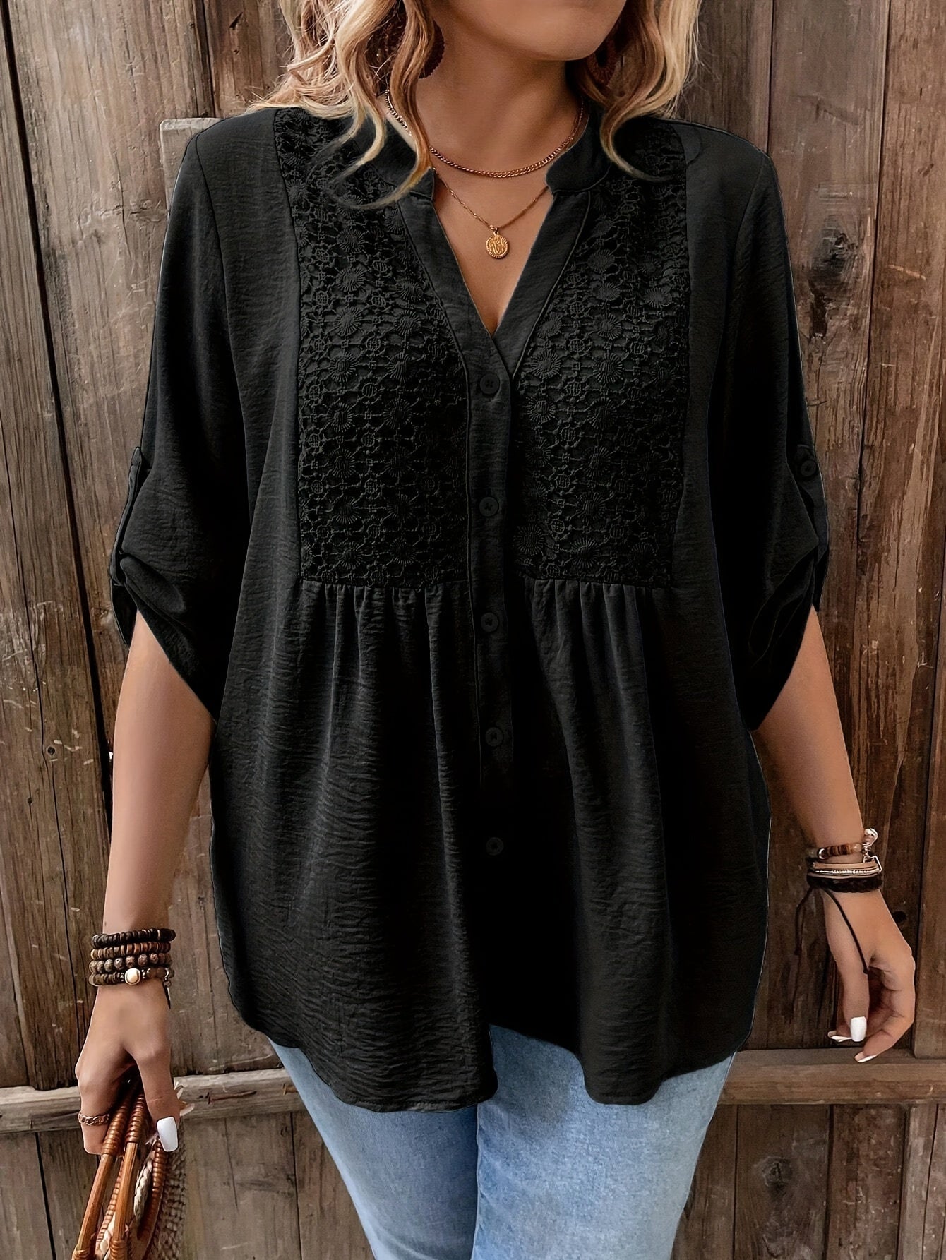 White V-Neck Lace Blouse for Plus Size Women - Lightweight Polyester, Machine Washable, Ideal for Spring/Summer/Fall