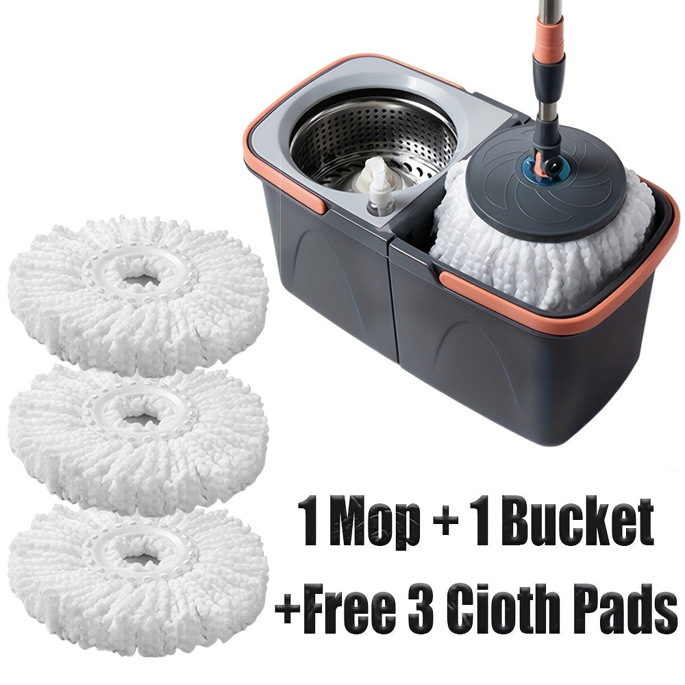 EasyWring Spin Mop & Bucket System includes 1 set with 3 reusable microfiber pads. The hands-free system features a stainless steel handle, making it ideal for hardwood, tile, and laminate floors. It can be used for both wet and dry cleaning, dust