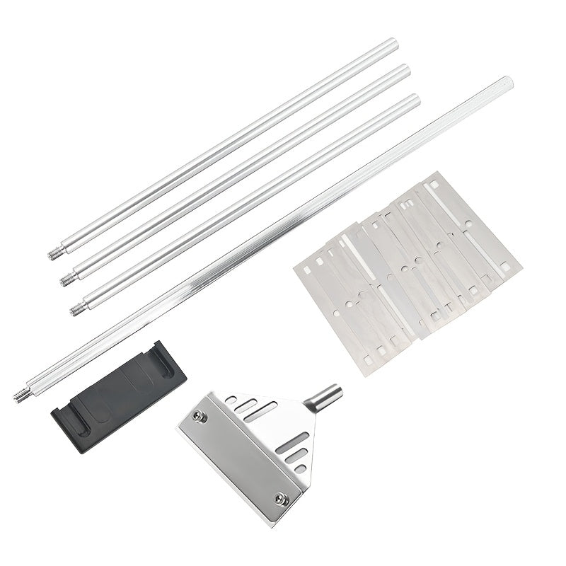 Algae scraper set for glass aquariums includes brush and net, made of durable stainless steel/aluminum alloy in various sizes.