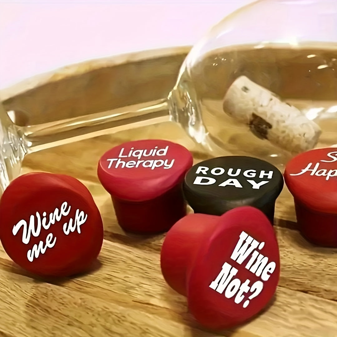 Silicone wine stoppers with funny phrases for festive parties.