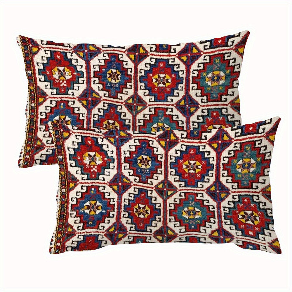 Two pieces of Bergama Northwest Anatolian Village print rectangular pillow covers, made of soft and durable polyester material. These two-sided covers measure 50.8x30.48 cm and are perfect for decorating your home, office, or for travel. Their