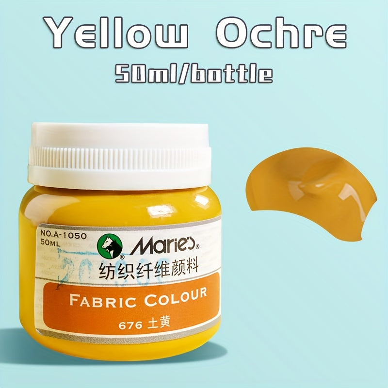 1 bottle of Marie's Fabric Paint, 50ml - 12 colors available for permanent clothes painting. Includes medium brush. Ideal for artists and crafters. Suitable for t-shirts, shoes, jeans