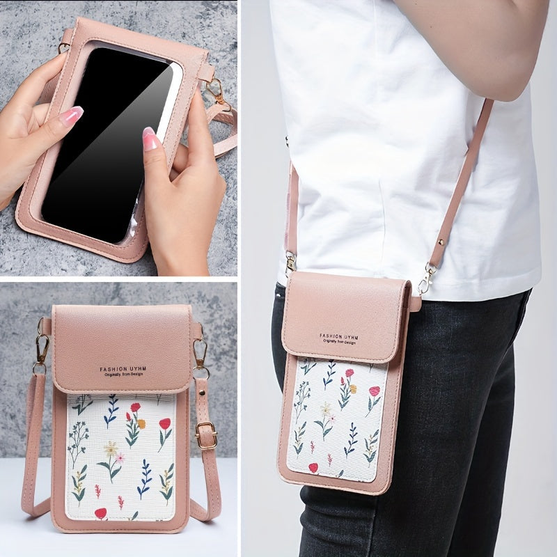 Touch screen mobile phone bag with small floral pattern, crossbody style. Can also be used as women's shoulder wallet and coin purse.