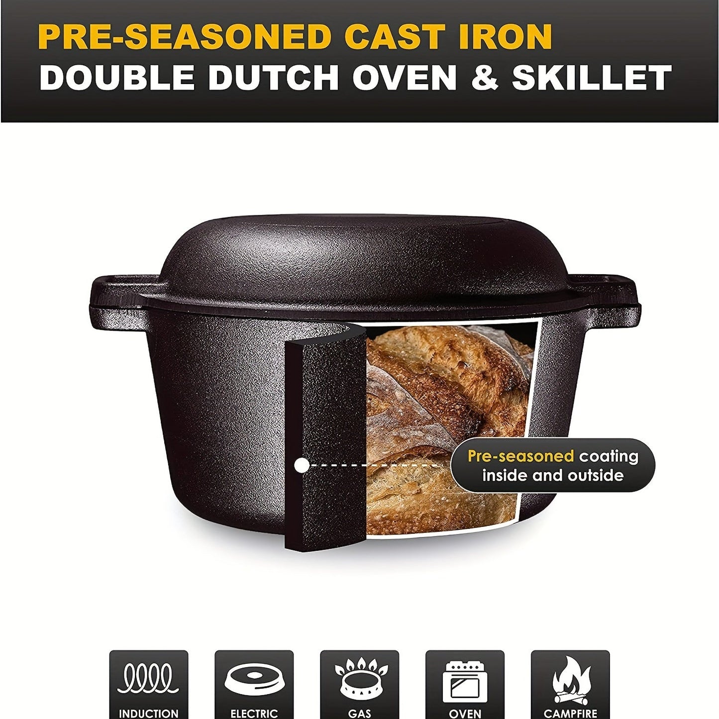 Get the ultimate 2-in-1 cooking versatility with this combo set featuring a high-quality cast iron Dutch oven and frying pan. The frying pan doubles as a lid to cover the Dutch oven, making it perfect for a variety of cooking methods including induction