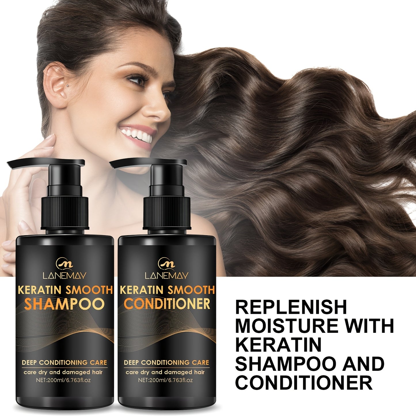 2pcs Keratin Smooth Shampoo and Conditioner Set - Moisturizes hair, strengthens, prevents breakage, and suitable for all hair types.