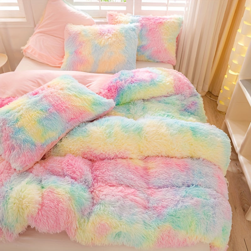 Y2K Tie Dye Plush Duvet Cover Set includes 3 pieces (1 Duvet Cover + 2 Pillowcases), providing soft and warm bedding.