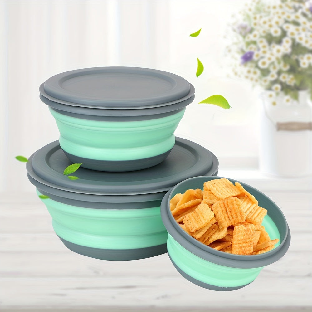 3 silicone folding bowls with lids for food and water, perfect for outdoor camping.