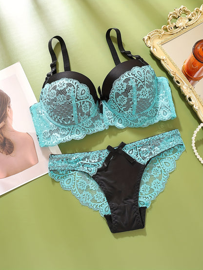 Stylish 3-piece lace lingerie set for women - featuring a colorblock push-up bra and low-rise briefs made of breathable nylon blend.