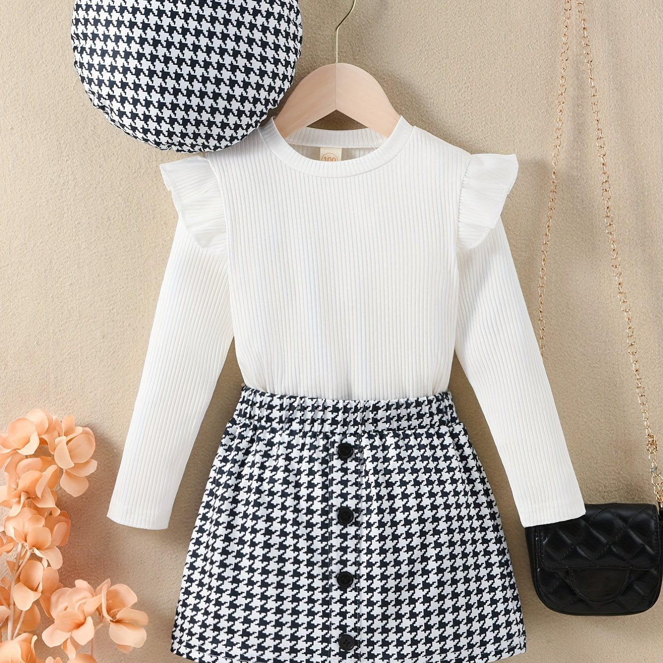 Girls' Ruffle Trim Tee & Houndstooth Skirt Set with Hat