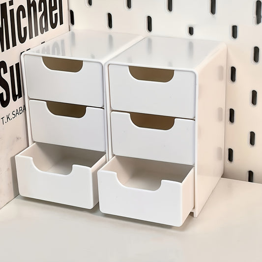 White plastic desk organizer with 3 drawers for office supplies, jewelry, cosmetics. Space-saving accessory for home organization.