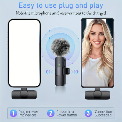 Wireless lavalier microphone with windproof fur ball for smartphones, laptops, and audio video recording, perfect for video interviews, podcasts, and vlogs.