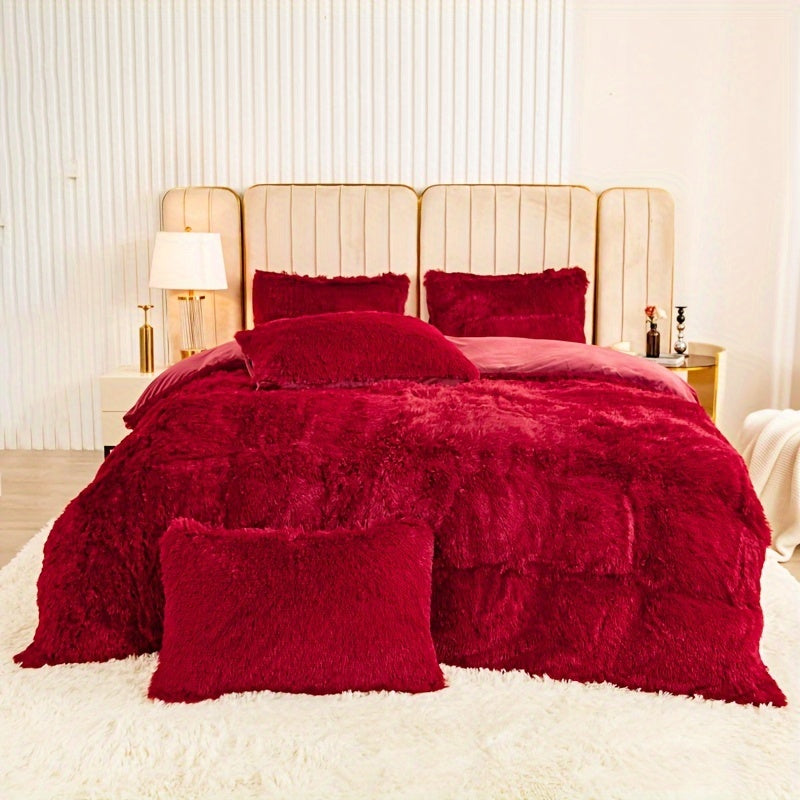 Polyester bedding set includes a duvet cover and two pillowcases in various colors. Does not include pillow core.