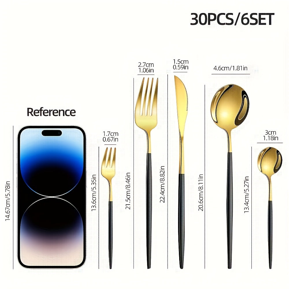 Elegant 30-piece stainless steel cutlery set with mirror finish, dishwasher safe, including forks, knives, and spoons. Durable tableware collection.