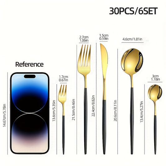 Elegant 30-piece stainless steel cutlery set with mirror finish, dishwasher safe, including forks, knives, and spoons. Durable tableware collection.