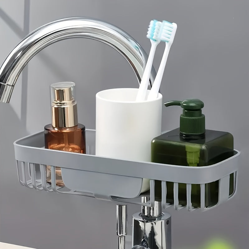 Versatile Plastic Sink Caddy with Adjustable Faucet Sponge Holder, Hanging Tap Rack, Dish Cloth Organiser, and Soap Drain Shelf for Bathroom and Kitchen Accessories