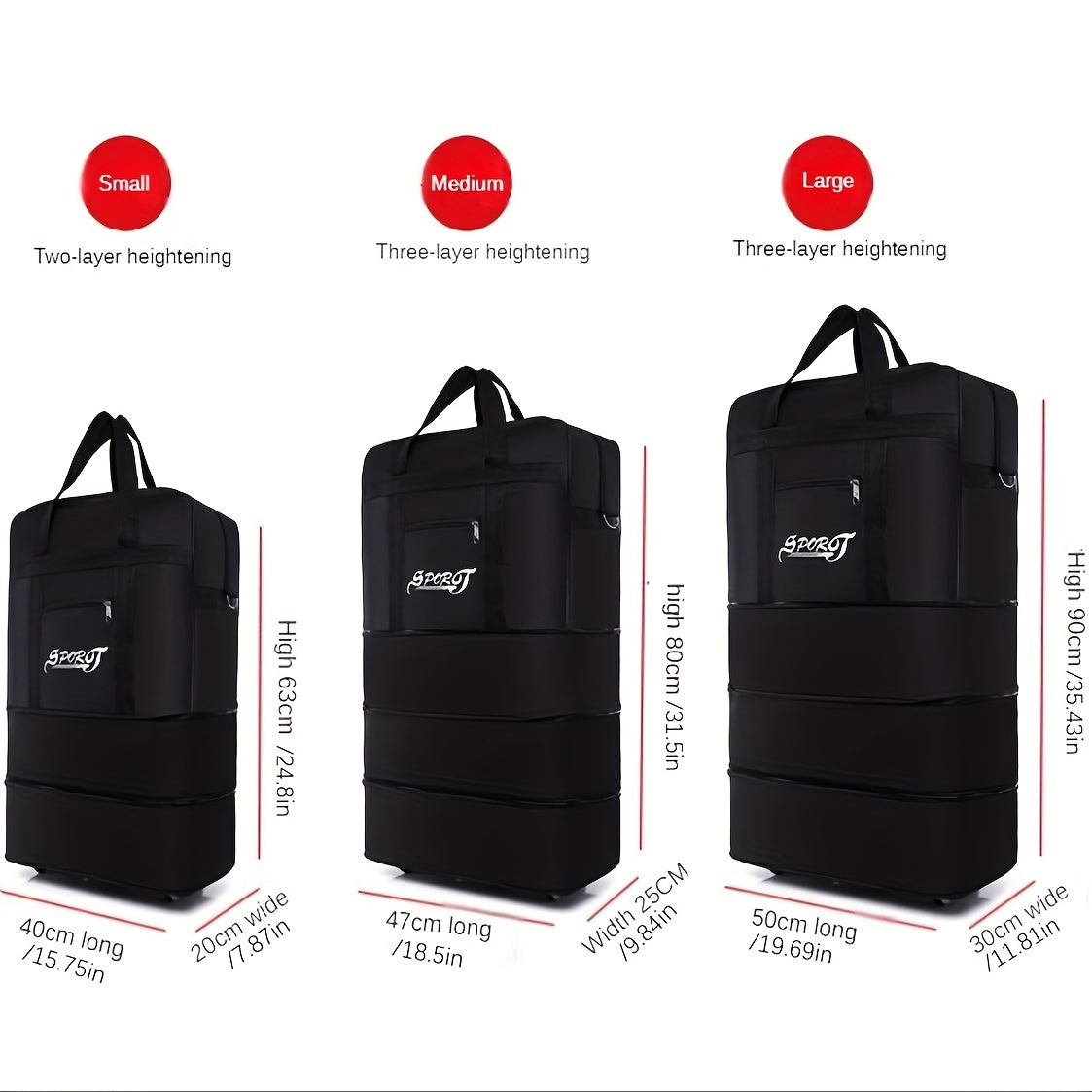 Foldable rolling travel luggage bag made of polyester with large capacity and wheels. Checked duffel bag with multi-tiered storage for men and women, ideal for travel, moving, and camping.