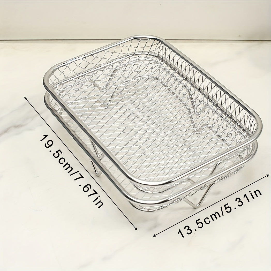 Get two pieces of 304 Stainless Steel Air Fryer Accessories that includes a multipurpose rectangular rack and stackable microwave stand. This food contact safe kitchen tool is compatible with most air fryers, making cooking easy and convenient.