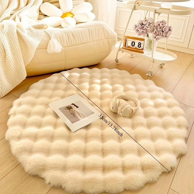 Plush Round Rug Made from Luxurious Cream Rabbit Fur - Ideal for Single Sofa, Living Room Coffee Table, Vanity & Bedside Décor, Cozy Carpet for Lazy Days