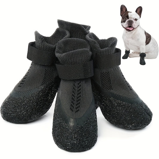 Set of 4 Waterproof Dog Shoes for all seasons, suitable for small to extra large breeds. Adjustable, breathable, and durable with slip-resistant soles. Machine washable polyester, rubber