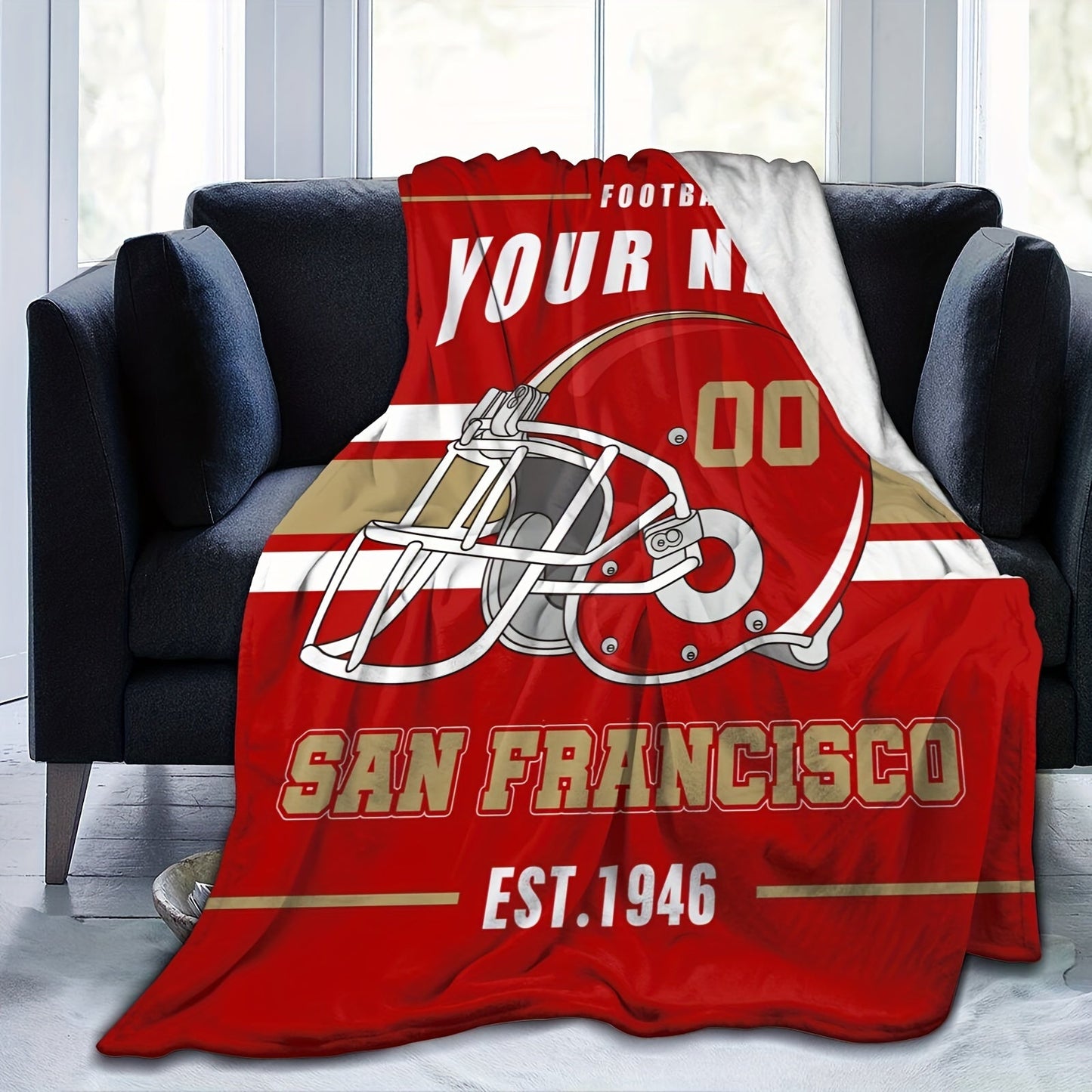 Personalized San Francisco Football Blanket - Customizable Name Throw for Bed or Sofa, Soft and Cozy Flannel Travel Blanket, Rectangular Polyester Woven Design, No Electricity Required, Perfect Home and Kitchen Decor for Football Fans of All Ages.