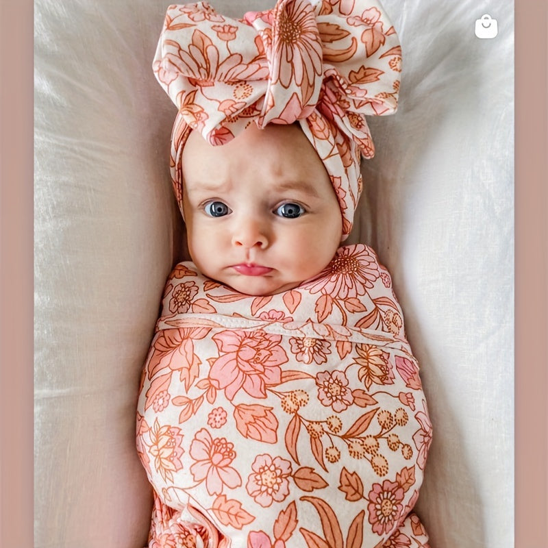 Comfy Floral Kids Swaddle Wrap and Headband Set, Soft and Cozy Polyester Blend perfect for any season